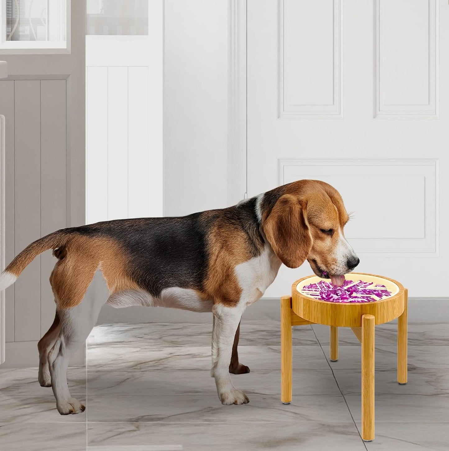Elevated Slow Feeder Dog Bowls Large Breed - (12-inch-high) - Raised Bowl with Anti-Choking Insert - Stainless Metal and Bamboo