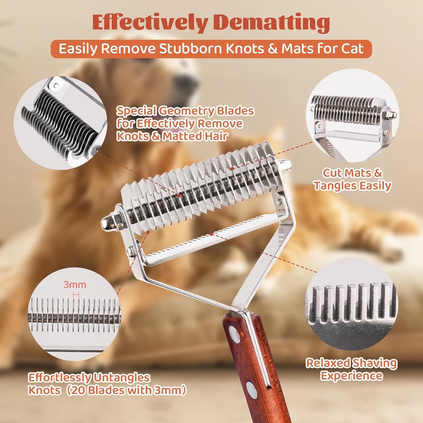 Pet Brush for Dematting & Deshedding, Professional Cat Grooming Brush, Dog Grooming Brushes with Wood Handle, Shedding Comb for Indoor Cats & Long Haired Cat Dog Pet