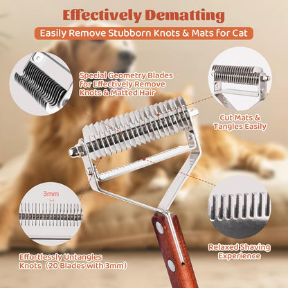 Pet Brush for Dematting & Deshedding, Professional Cat Grooming Brush, Dog Grooming Brushes with Wood Handle, Shedding Comb for Indoor Cats & Long Haired Cat Dog Pet