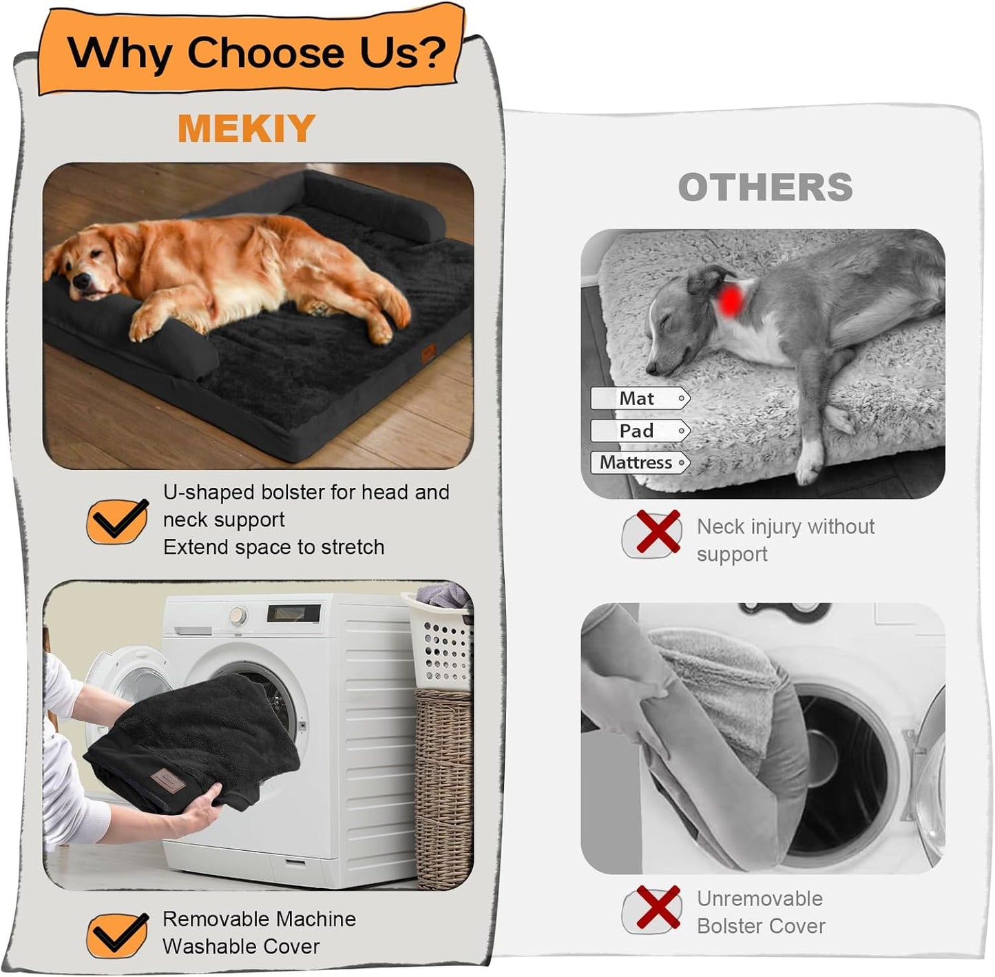 Large Dog Bed Orthopedic Washable - Beds Bolster - Medium XL XLarge Big Dogs - Memory Foam Couch Sofa - Waterproof with Removable Cover