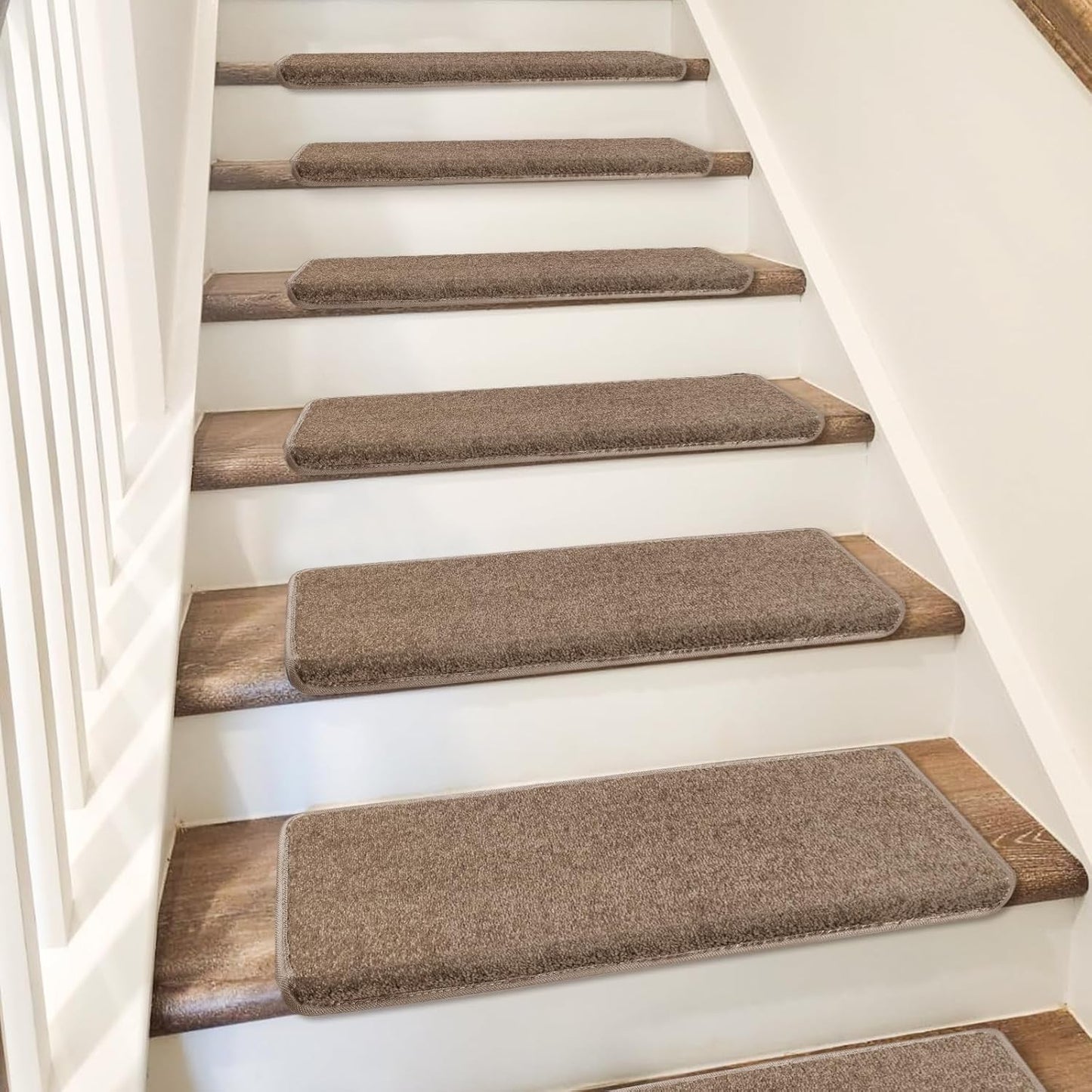 PURE ERA Bullnose Carpet Stair Treads Set Tape Free Non-Slip Indoor Stair Protectors Pet Friendly Rugs Covers Soft Skid Resistant Washable Reusable 9.5" x 30"(14 Pieces,Cream Gray)