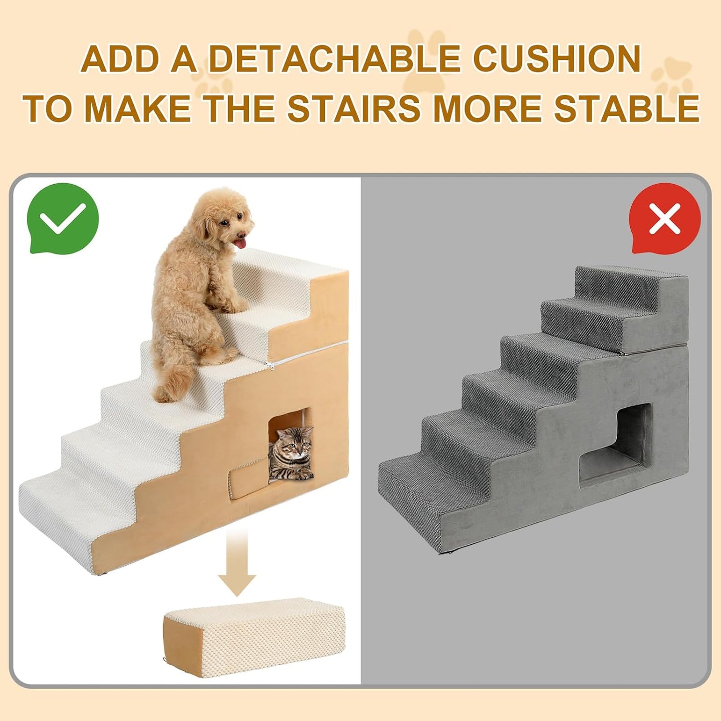 Dog Stairs for Small Dogs, 6-Step Dog Steps for High Bed, High-Density Foam Pet Stairs with Non-Slip Removable Washable Cover to Get on Bed