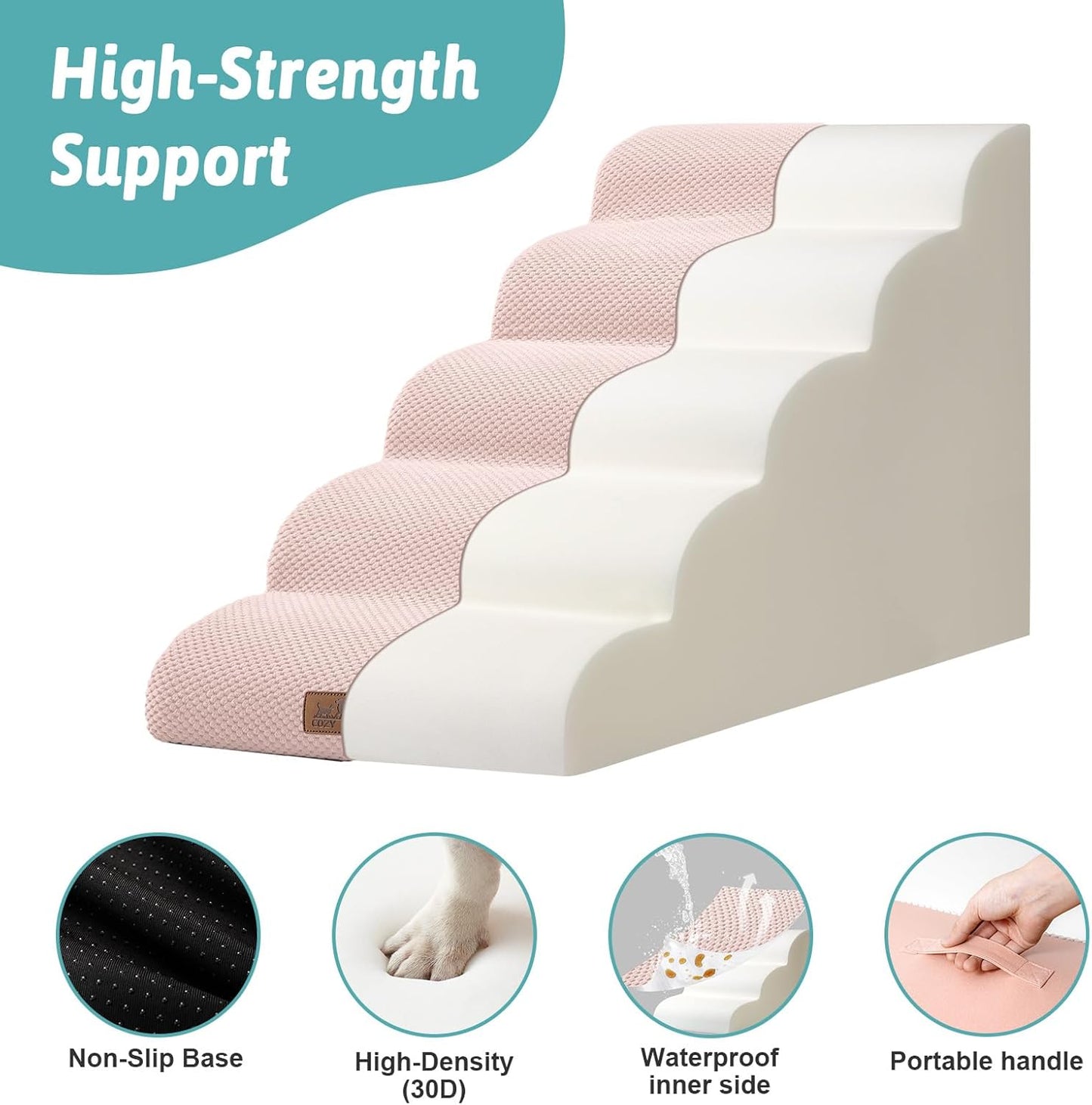 COZY KISS Extra Wide Dog Stairs with Tunnel, Foam Detachable Large Dog Step for Small Pet, Puppy or Cats, Medium Pet Ramp for High Bed, Couch, Sofa or Car, 19.7x33x22.4 inch, 5 Step, Beige