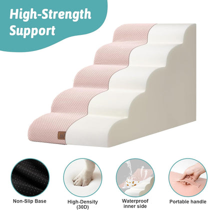 COZY KISS Extra Wide Dog Stairs with Tunnel, Foam Detachable Large Dog Step for Small Pet, Puppy or Cats, Medium Pet Ramp for High Bed, Couch, Sofa or Car, 19.7x33x22.4 inch, 5 Step, Beige
