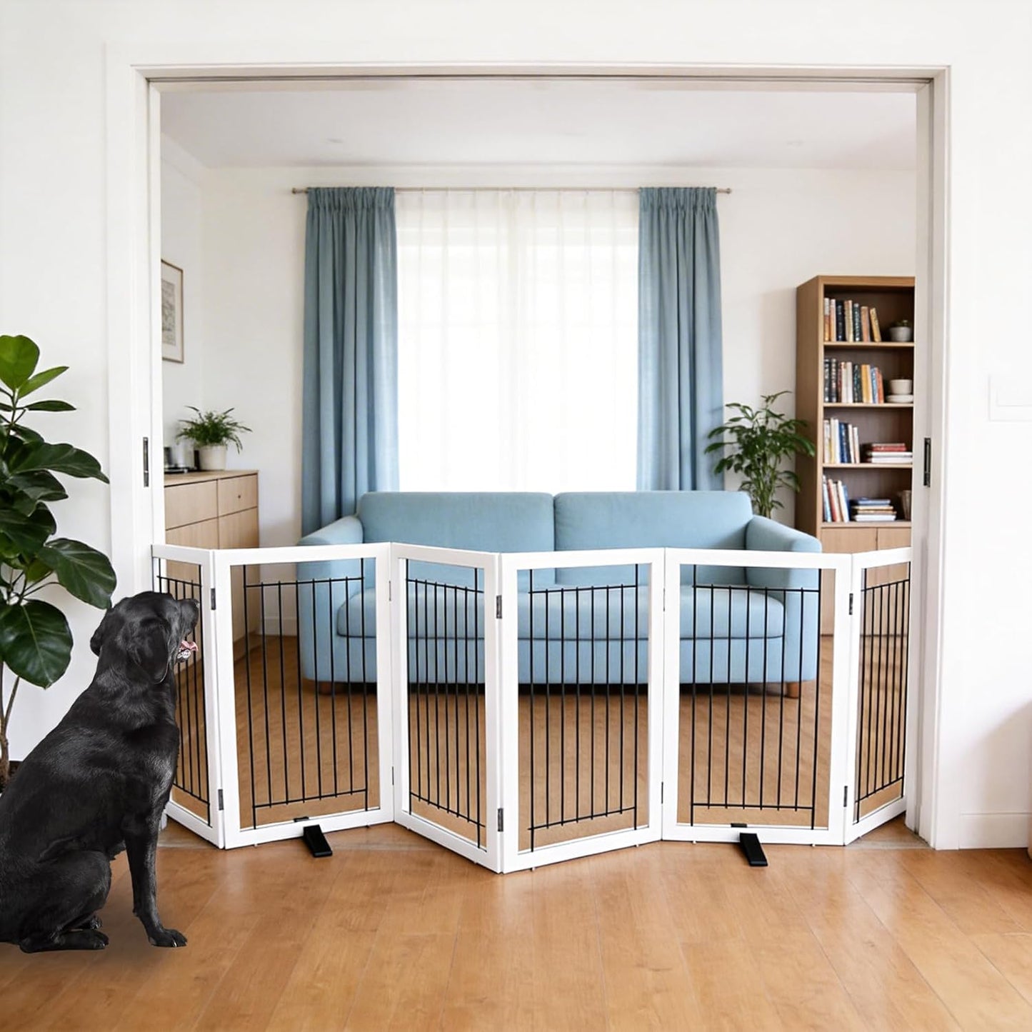 ZJSF Freestanding Dog Gate Indoor, Foldable Dog Fence for Doorways,Hallways or Stairs, Sturdy Wood Extra Wide Pet Gate with Support Feet,Black,24 "Height-3 Panels