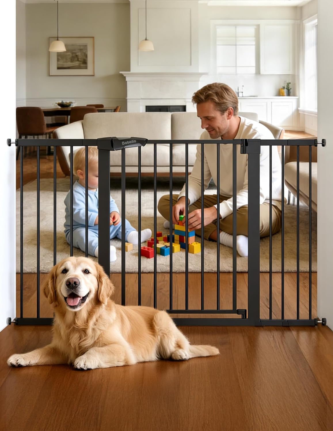 Babelio 29-55 Inch Extra Wide Baby/Dog Gate, PressGuard P7, Metal Auto Close, Pressure Mounted Pet Door for Doorways, NO Need Tools and Drilling, with Wall Cups, White