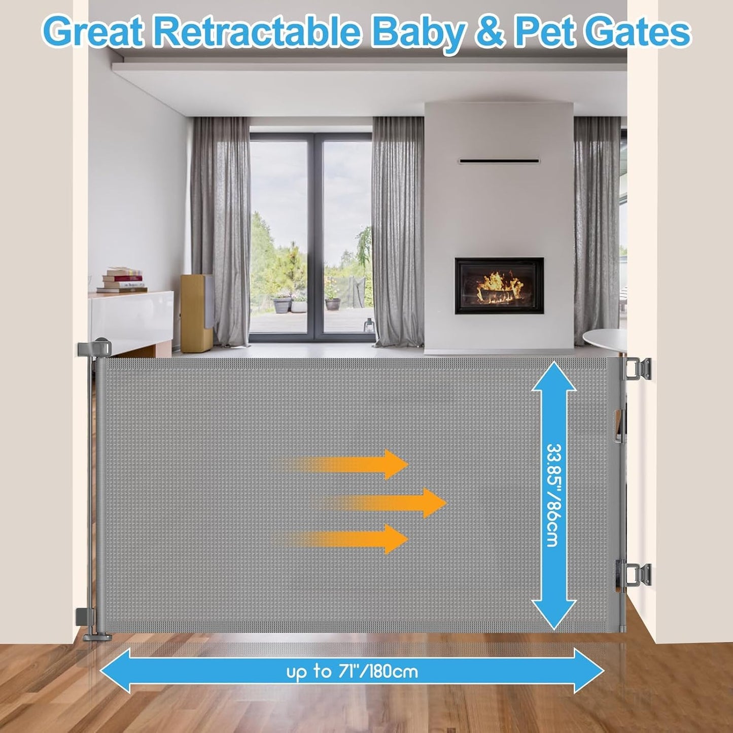 Upgrade 120 inch Retractable Baby Gates, EZIGO Extra Wide Baby Gate for Large Opening Extra Long Mesh Gate for Kids or Pet Dog Gate Child Safety Gate for Stairs Hallways Doorway Indoor Outdoor, Gray