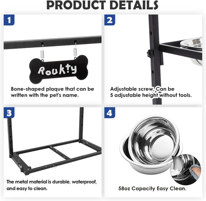 ADENGL 1.6 Gallon Elevated Dog Water Bowl for Large Dogs, 4-Height Adjustable (13–18'') Raised Stainless Steel Bowl with Spill-Proof Mat & Sturdy Metal Stand, Easy-Clean Feeder for Indoor/Outdoor Use