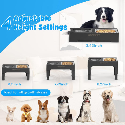 URPOWER 2-in-1 Elevated Slow Feeder Dog Bowls with No-Spill Water Bowl, 4 Height-Adjustable Raised Dog Bowls, Non-Slip Food and Water Bowls with Stand for Small, Medium, Large Dogs, Cats and Pets