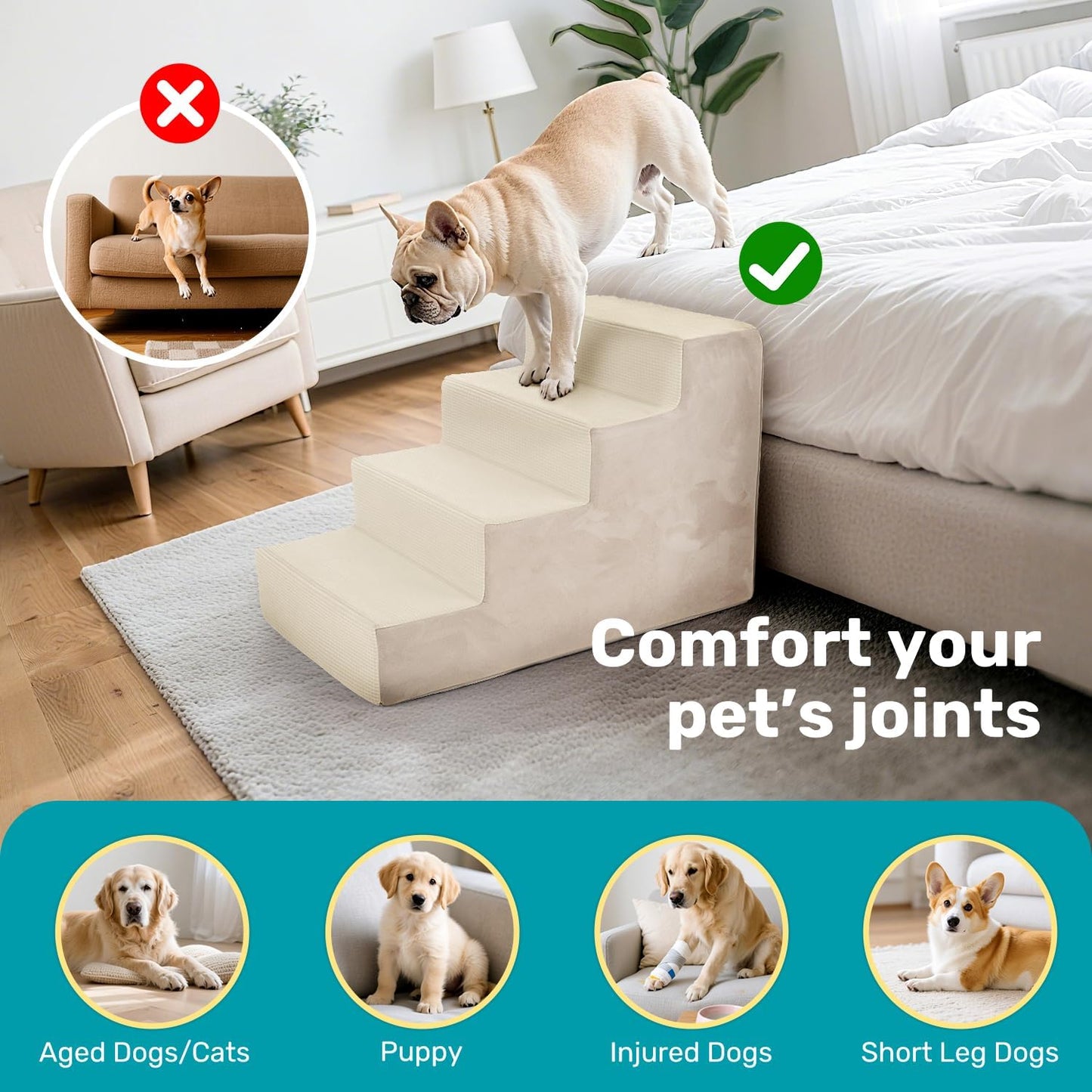 Dog Stairs for Bed, Extra Wide 5-Step Dog Steps for High Bed, High-Density Foam Pet Stairs with Non-Slip Removable Washable Cover for Small Pets, 23" H, Navy