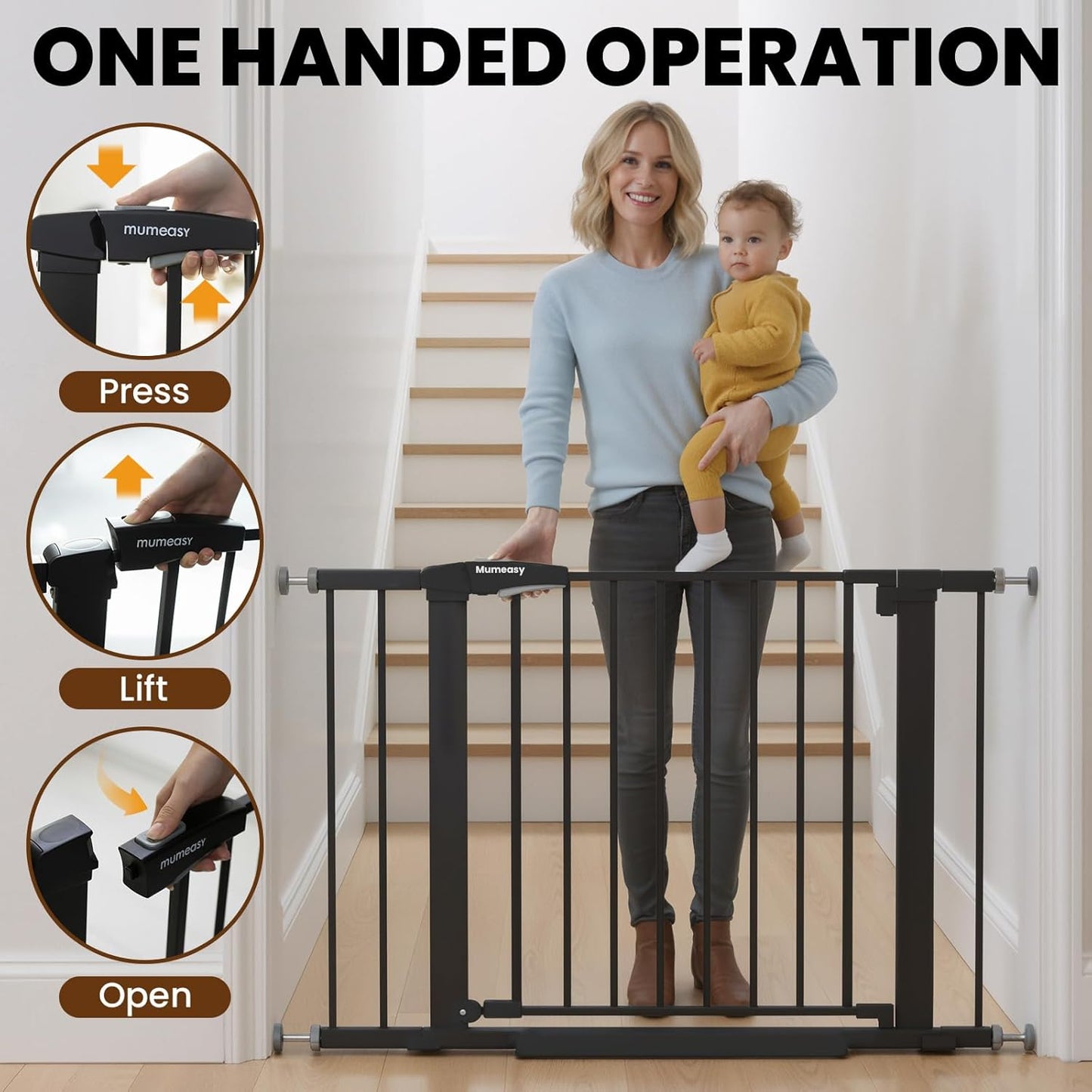 Baby Gate for Stairs, 29.7-40.6" Auto Close Dog Gate Indoor for Doorways, Dual-Lock Design, Adjustable Pet Gate No Drilling with Walk Thru Door for Hallways, Stroller Friendly, Black