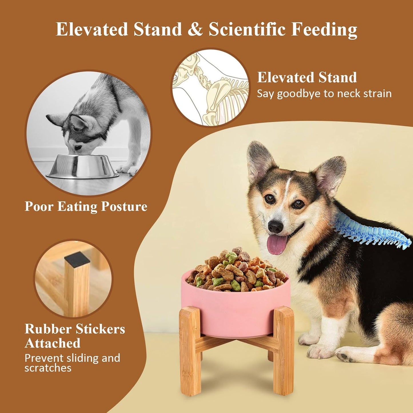 Elevated Ceramic Cat Bowl - Cat Food Bowl with Bamboo Stand - Raised Dog Dish for Puppies - Anti Vomiting, Stress Free - 13.5 oz / 400 ml - White
