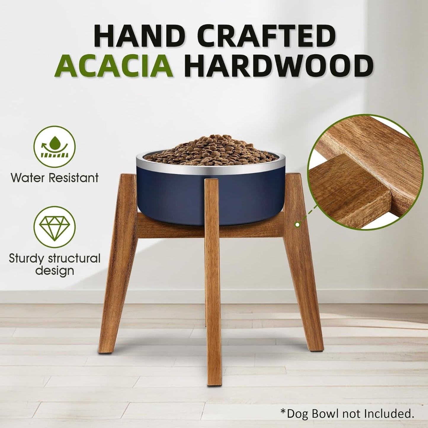 Elevated Dog Bowl Stand for Medium & Large Dogs, Fits Up to 9 inches diameter 64 oz Bowls Raised Dog Bowl Stand , Solid Acacia Wood Dog Bowl Holder, Single Elevated Dog Feeding Station (Stand Only)
