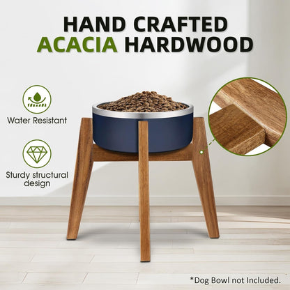 Elevated Dog Bowl Stand for Medium & Large Dogs, Fits Up to 9 inches diameter 64 oz Bowls Raised Dog Bowl Stand , Solid Acacia Wood Dog Bowl Holder, Single Elevated Dog Feeding Station (Stand Only)