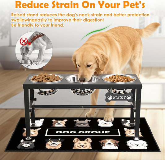 ADENGL Elevated Dog Bowls, 10" Tall Height, Raised Bowl Stand with 2 Stainless Steel Food Feeder Bowls (58oz) and Spill-Proof Mat for Medium Large and Small Breeds