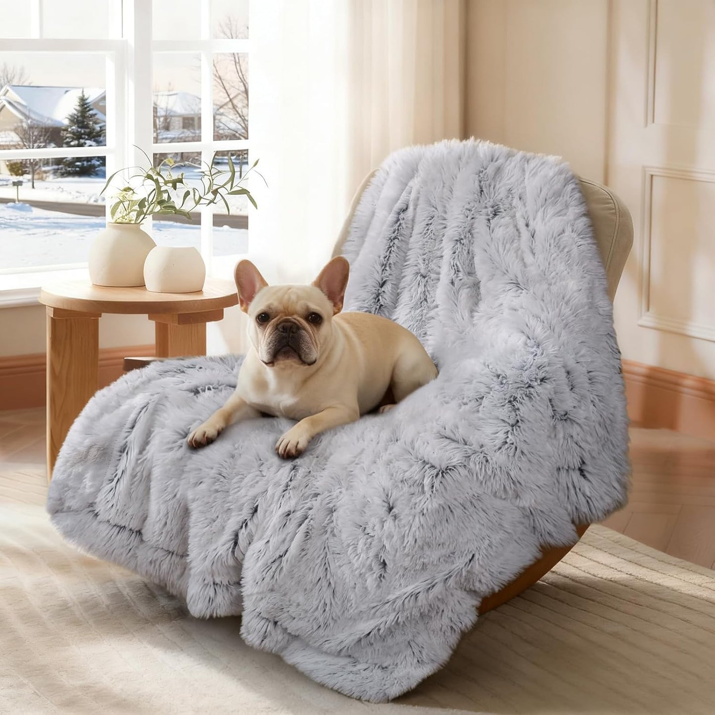 Luciphia Large Waterproof Dog Blanket for Pet Washable Liquid Proof Bed Intimacy Protection Shaggy Plush Calming Long Faux Fur Couch Cover Calming Cat Throw Blankets, Mist Grey, 50" x 60"