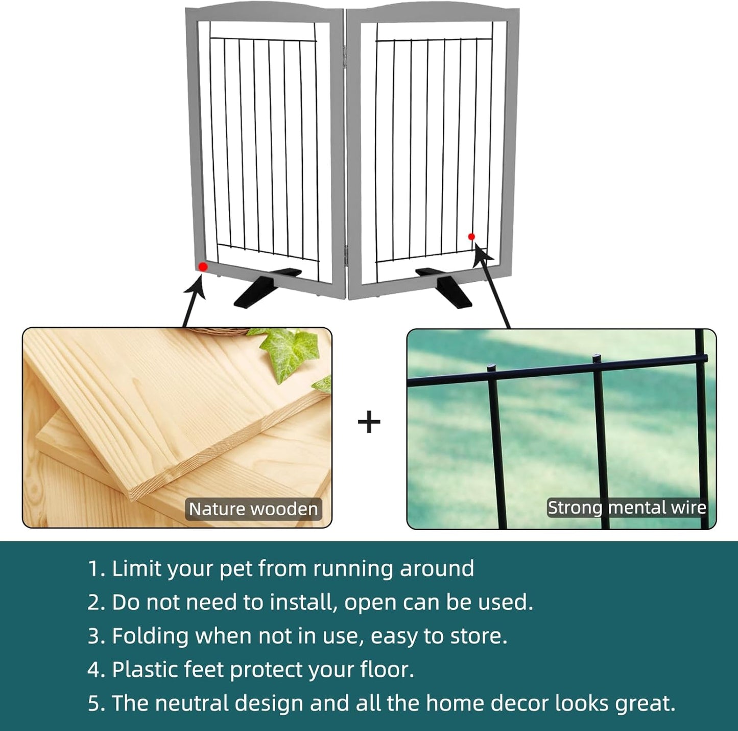 ZJSF Freestanding Dog Fence Indoor, Foldable Dog Gate for Doorways, Stairs or Hallways, Sturdy Wood Extra Wide Pet Gate with Support Feet for The House, White, 24 "Height-3 Panels