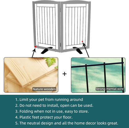 ZJSF Freestanding Dog Fence Indoor, Foldable Dog Gate for Doorways, Stairs or Hallways, Sturdy Wood Extra Wide Pet Gate with Support Feet for The House, White, 24 "Height-3 Panels