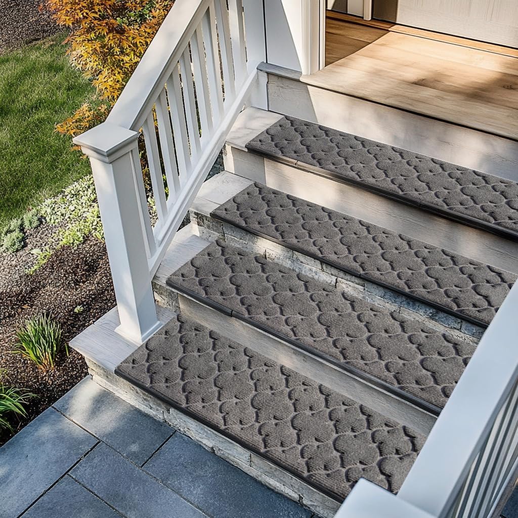 Aucuda 2pcs 8.5" x 30" Stair Treads Outdoor for Elders and Dogs on Wooden Steps, Non Slip Stair Runner Rug Heat Insulation Rubber Backing, Gray Staircase Mat Carpet for Indoor Grip Farmhouse.