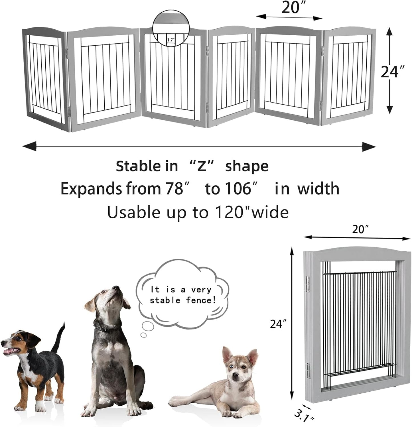 ZJSF Freestanding Foldable Dog Gate for House Extra Wide Wooden White Indoor Puppy Gate Stairs Doorways Pet Gate Tall Dog Fence 3 Panels Fence
