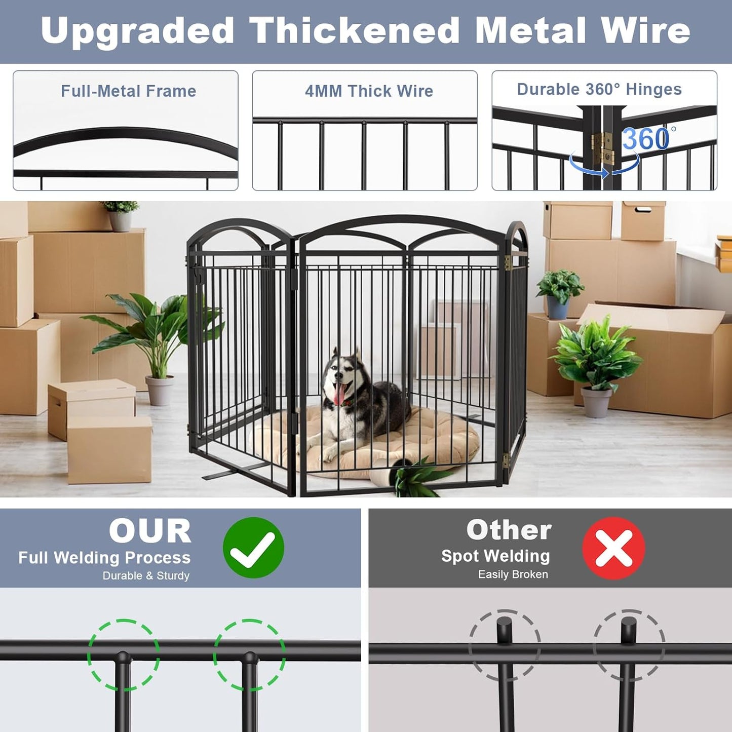 Full Metal Free Standing Dog Gate with Door for Indoor & Outdoor,96'' Extra Wide 32'' Tall Dog Gate for The Doorways,Large Openings,Decks,Porch,Pet Freestanding Safety Fence(4 Panels,Black)
