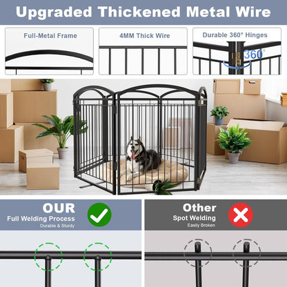 Full Metal Free Standing Dog Gate with Door for Indoor & Outdoor,96'' Extra Wide 32'' Tall Dog Gate for The Doorways,Large Openings,Decks,Porch,Pet Freestanding Safety Fence(4 Panels,Black)
