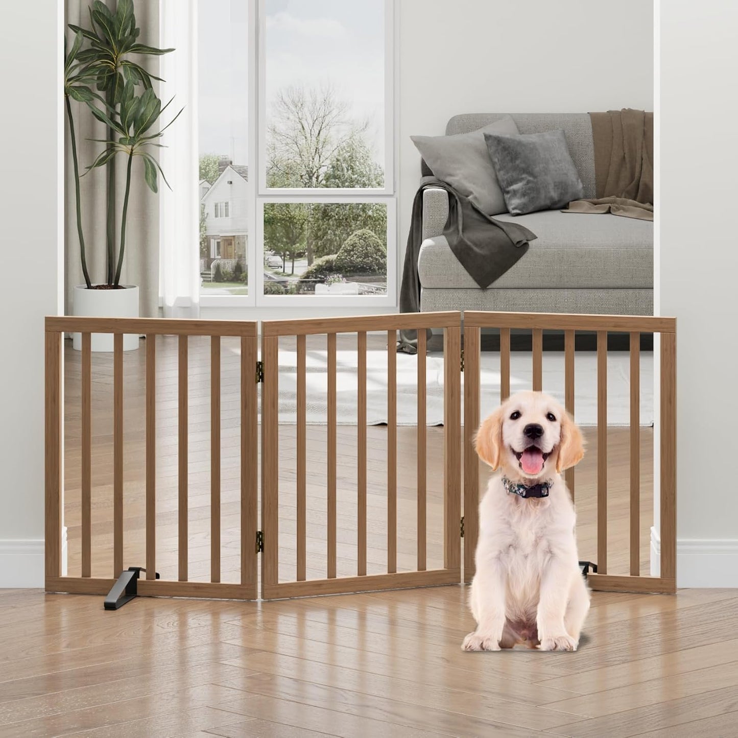 Freestanding Foldable Dog Gate - 4 Panel Room Divider with Metal Support Feet (Black)
