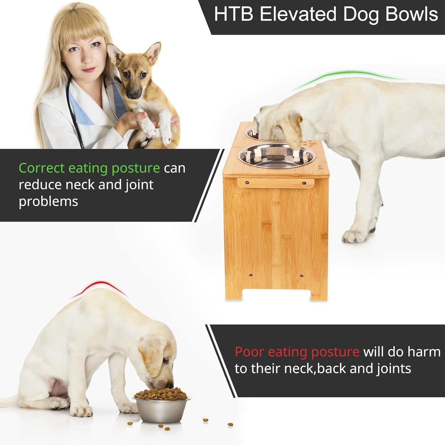 HTB Elevated Dog Bowls,Raised Dog Bowl Stand with 2 Stainless Steel Bowls,Elevated Raised Dog Bowls for Large Medium Small Sized Dogs