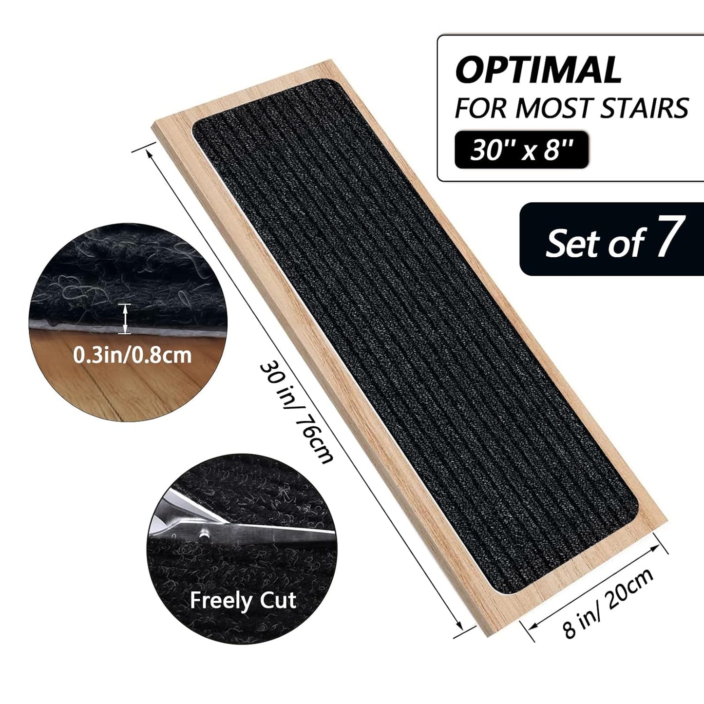 Stair Treads for Wooden Steps Carpet, Non-Slip Stair Runner Indoor Outdoor Stair Tread Mats Covers Pads, 19" x 31"Matching Landing Step Runner for Elders, Kids and Dogs (19" x 31", Black)