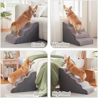 Laojin Balhen Dog Stairs for Small Dogs & Cats 15.7" H, High Density Foam Dog Steps Ramp for Couch Sofa and Chair, Pet Stairs with Non-Slip Bottom and Remove Washable Cover, 3-Step Pet Steps, Beige
