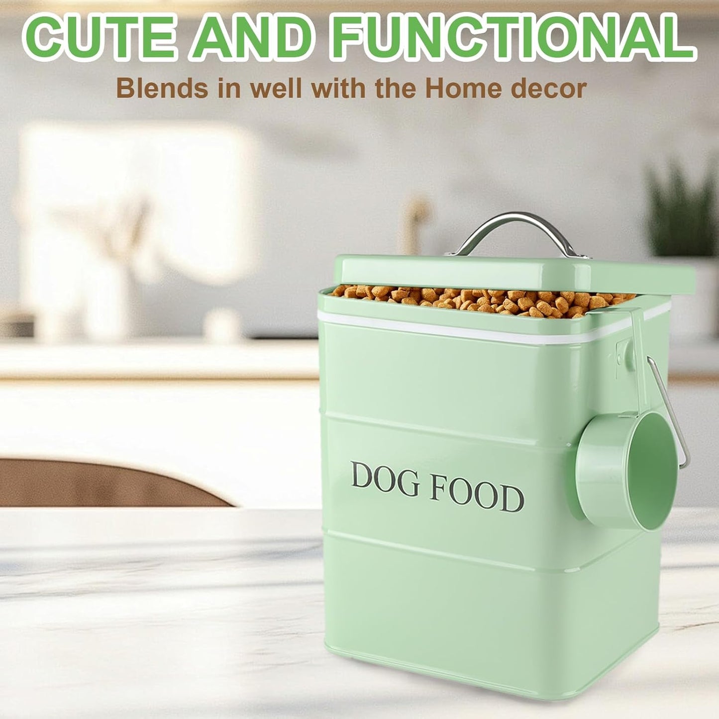 Dog Food storage container Dog Treats Jar,5~6 lb Metal food treats tin for Dog, pet snacks Canisters with wooden lid/handle/sevice scoop-Green