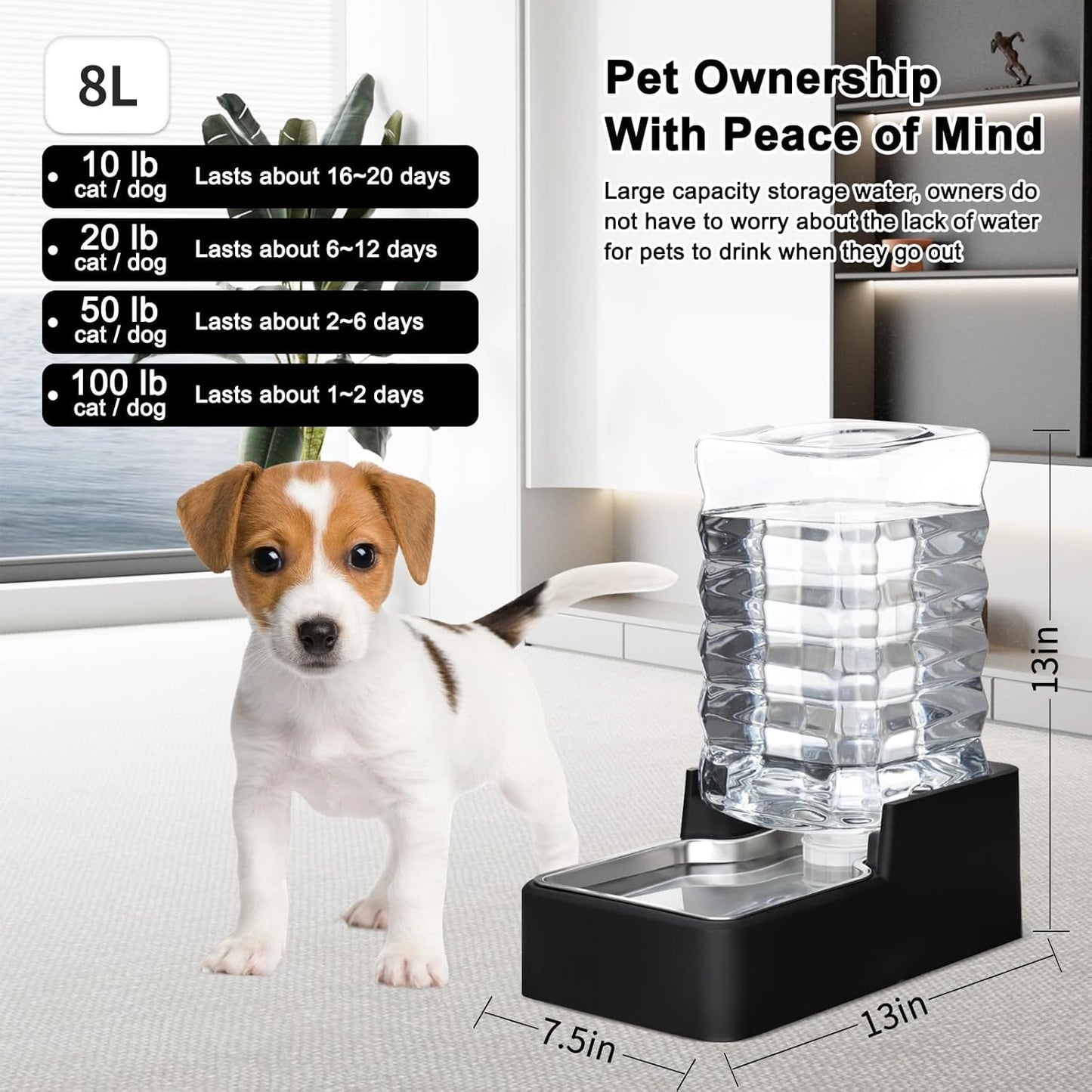 RIZZARI 10L Stainless Steel Dog Water Dispenser – Large Capacity Gravity Auto-Refill Waterer with Anti-Tip Design for Large Dogs, Ideal for Living Rooms, Offices & Indoor Pet Spaces