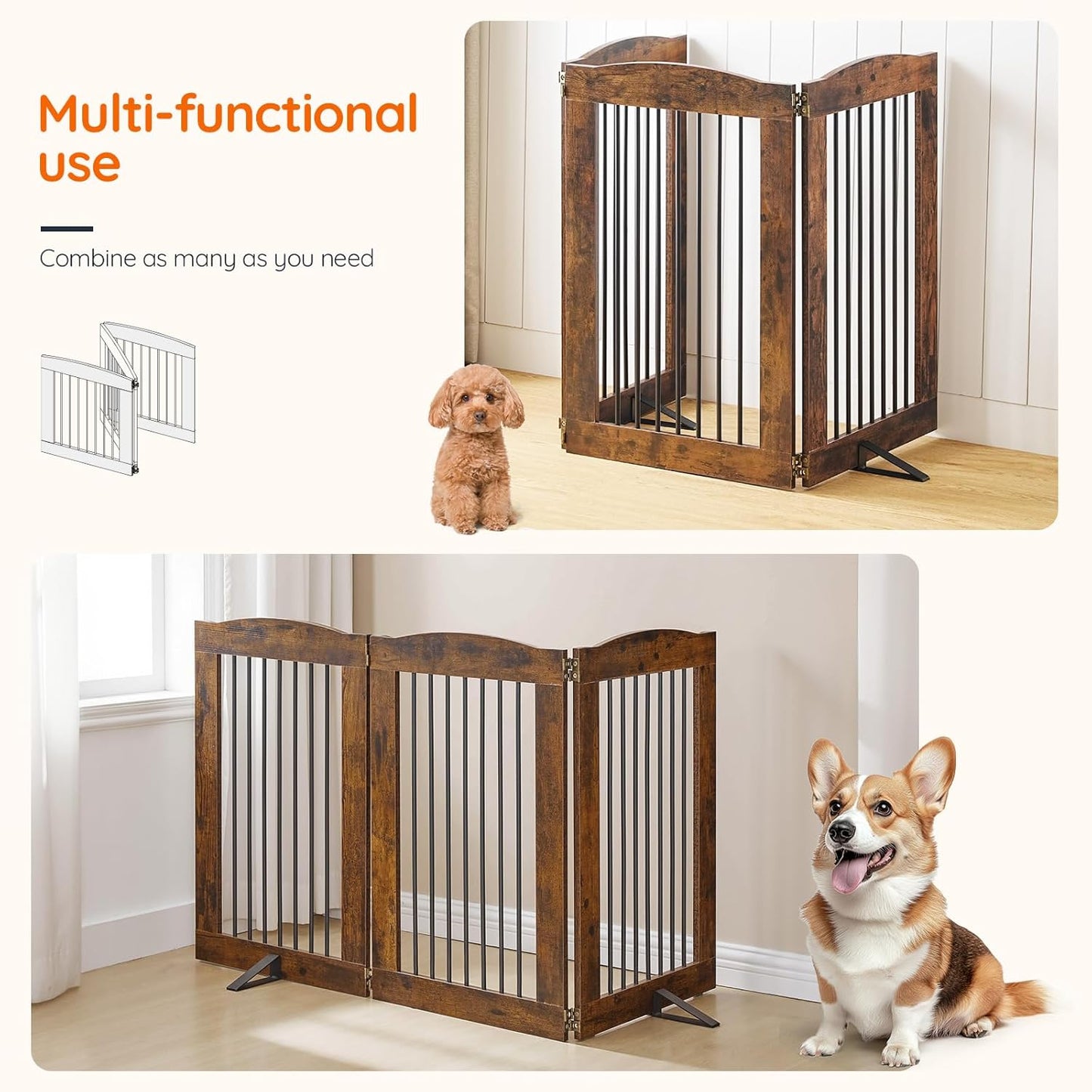 HOOBRO Indoor Dog Gate with Support Feet, Freestanding Pet Gate for Doorway, Stairs, 31.5 Inch 3 Panels, Folding Dog Fence, 360° Hinge for Easy Access, Sturdy Iron Pipe, Rustic Brown BF06PP03