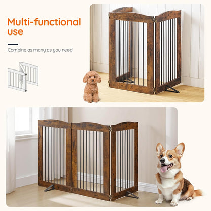 HOOBRO Indoor Dog Gate with Support Feet, Freestanding Pet Gate for Doorway, Stairs, 31.5 Inch 3 Panels, Folding Dog Fence, 360° Hinge for Easy Access, Sturdy Iron Pipe, Rustic Brown BF06PP03