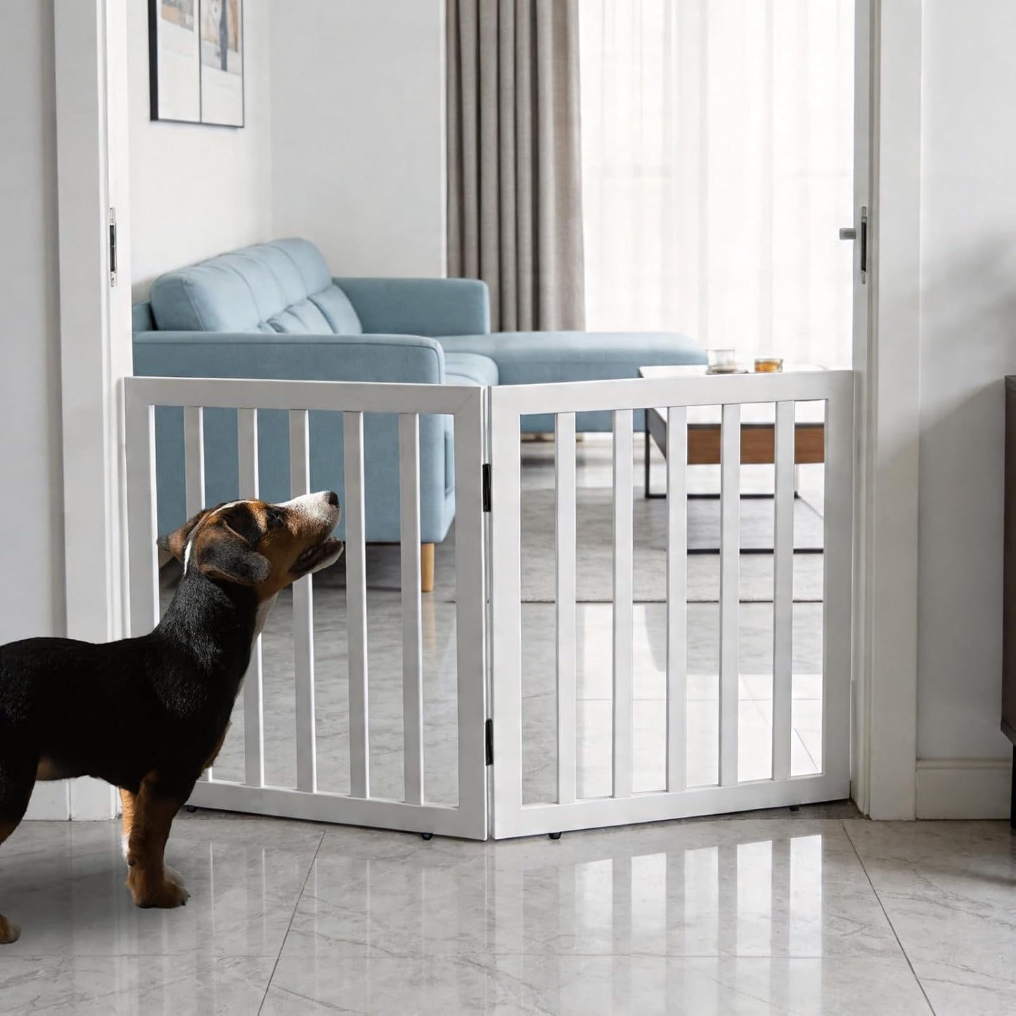 Dog Gate Indoor, Freestanding Dog Fence for The House, Doorways, Hallways,or Stairs,Pet Gate Foldable Wooden,Expandable 24" Height 3 Panels,White