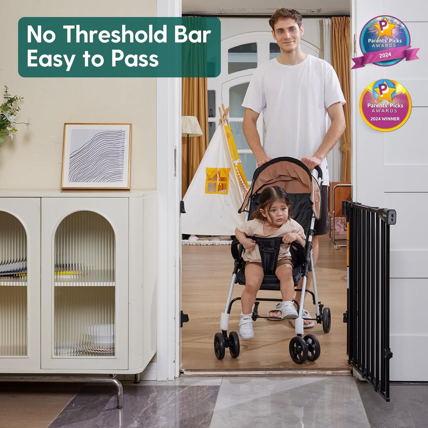 Babelio Baby Gate for Stairs, Kitchen & Doorways, 26-43" W 28" H No Bottom Bar| Easy Installation| One-Handed Operation| Auto-Close| Hardware Mount (Drill Needed) Safety Dog/Pet Gate Indoor (White)