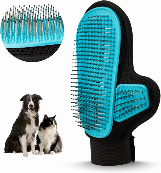 2025 Pet Grooming Glove with Tipped Pin Brush,Special Design Deshedding Glove, Perfect Petting Tool for Sensitive Dogs & Cats with Long & Medium Fur, Massage Mitt - Right-Hand - Blue