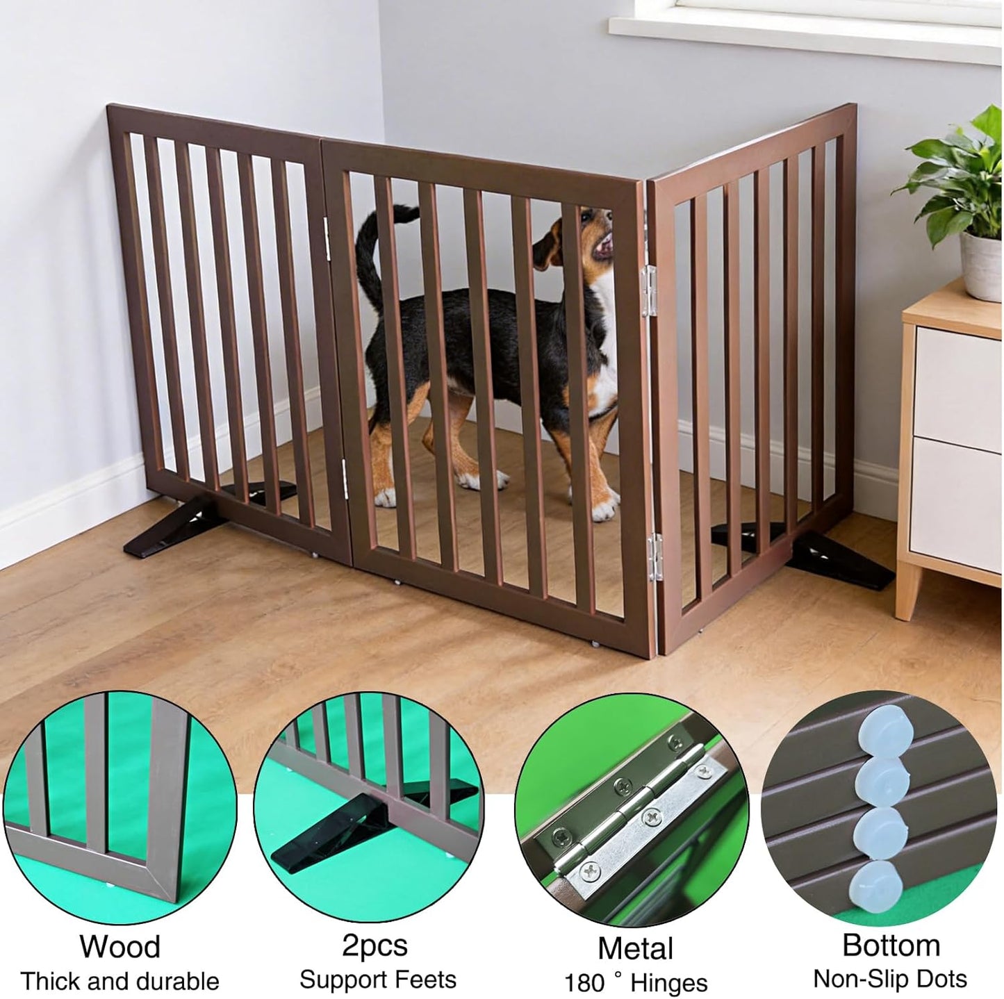 ZJSF Freestanding Indoor Dog Gate for House Foldable Wood Puppy Gate for Doorways Pet Gate for Stairs Extra Wide Pet Fence, Brown, 24" Height 3 Panels