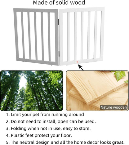 Dog Gate Indoor, Freestanding Dog Fence for The House, Doorways, Hallways,or Stairs,Pet Gate Foldable Wooden,Expandable 24" Height 3 Panels,White