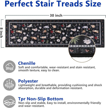 Animal Cat Dog Stair Treads Non Slip for Wooden Steps 15PCS 8"x30" Stair Carpet Treads TPR Backing Soft Stair Runner Washable Reusable Indoor Safety Stair Mats for Elders Kids Dogs Black