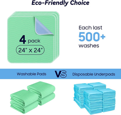 4 Pack 24” x 24” Extra Heavy Absorbency Washable Underpads, Waterproof Nursing Pads Incontinence Bed Pads, Reusable Washable Pee Pads for Dogs, Diaper Changing & Adults, Washable Puppy Pads