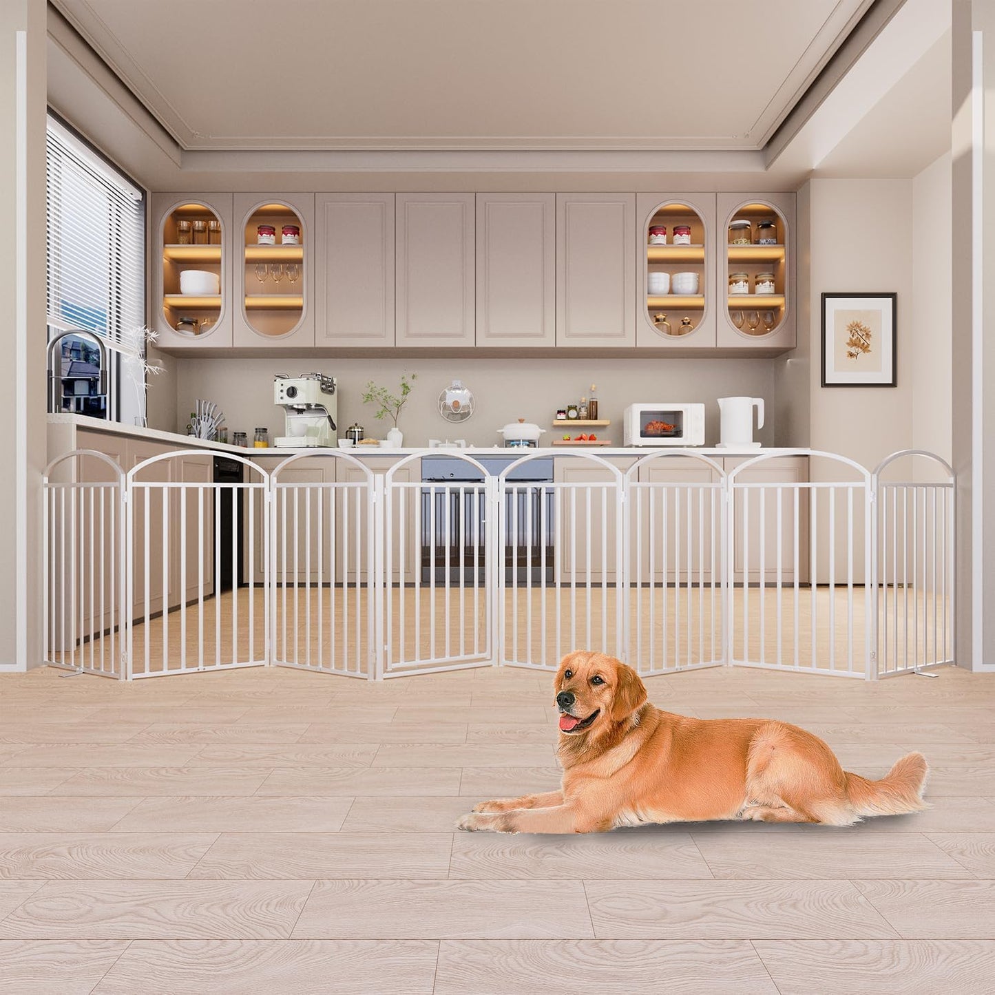 SNUOWU 4 Panels Full Matel Freestanding Dog Gates with Door, 96"Extra Wide 32"Tall Free Standing Dog Pet Gate for Indoor & Outdoor. Foldable Pet Fences for Doorways, House, Stairs, Porch, Deck, Yard