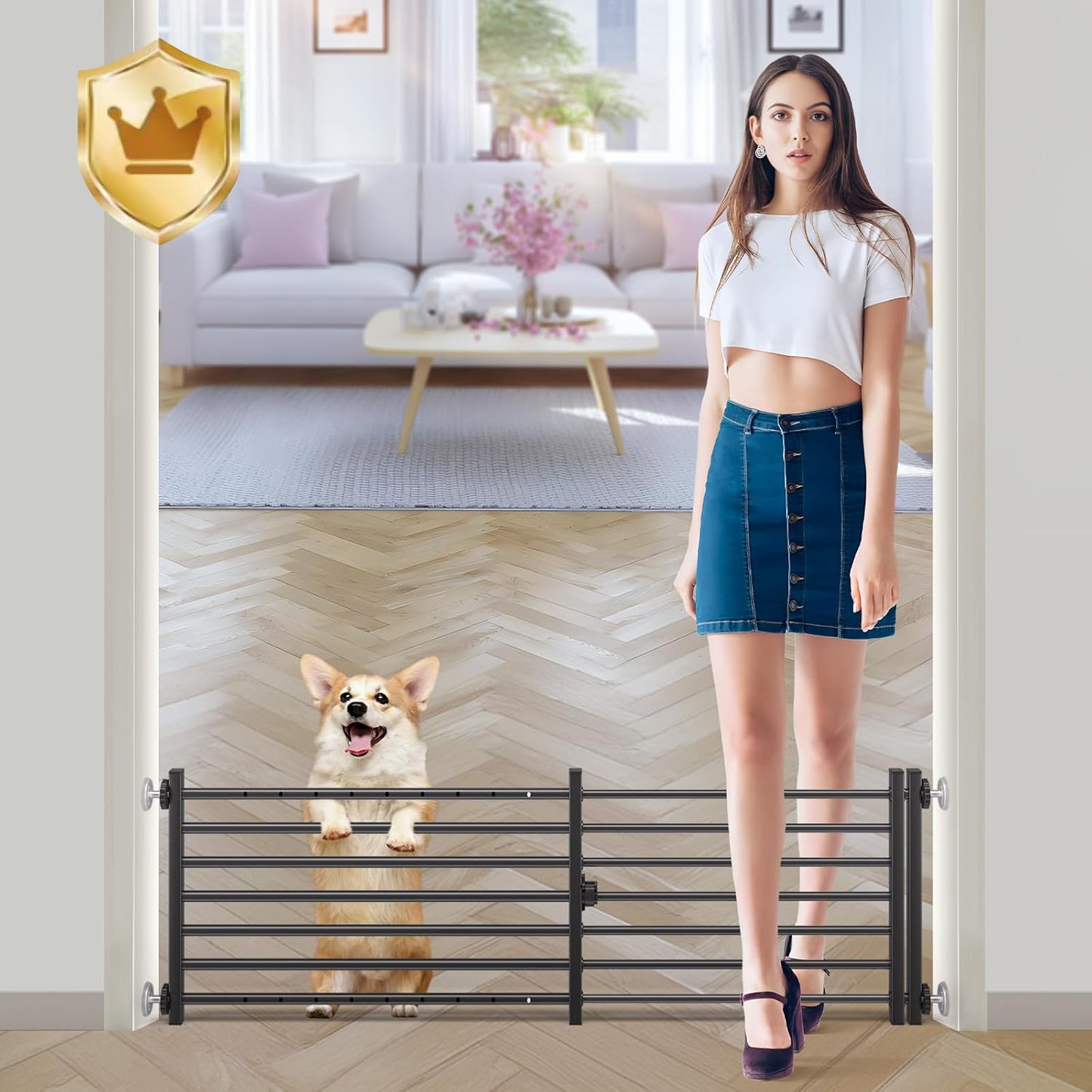 Malier Indoor Dog Gate with Door, 26-41" Extra Wide Full Metal Pet Gate Short Dog Gate for Stairs, Pressure Mount 10'' Tall Small Puppy Low Gate Easy Step Over for Doorways