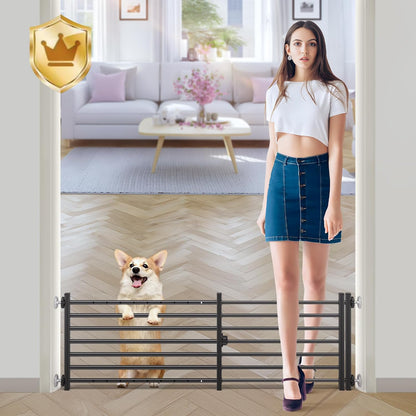 Malier Indoor Dog Gate with Door, 26-41" Extra Wide Full Metal Pet Gate Short Dog Gate for Stairs, Pressure Mount 10'' Tall Small Puppy Low Gate Easy Step Over for Doorways