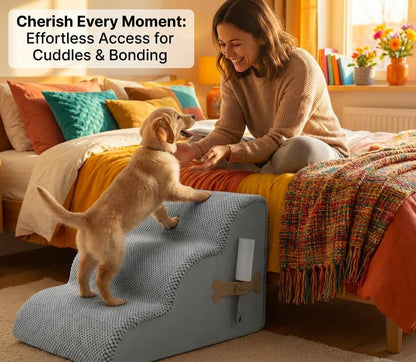 PAWZY Dog Stairs for Medium-Height Beds & Couches, 3-Step Foam Pet Steps 15.5” High for Small Dogs & Cats up to 60 lbs, Wide Non-Slip, Waterproof Washable Zipper Cover, No Assembly, Grey