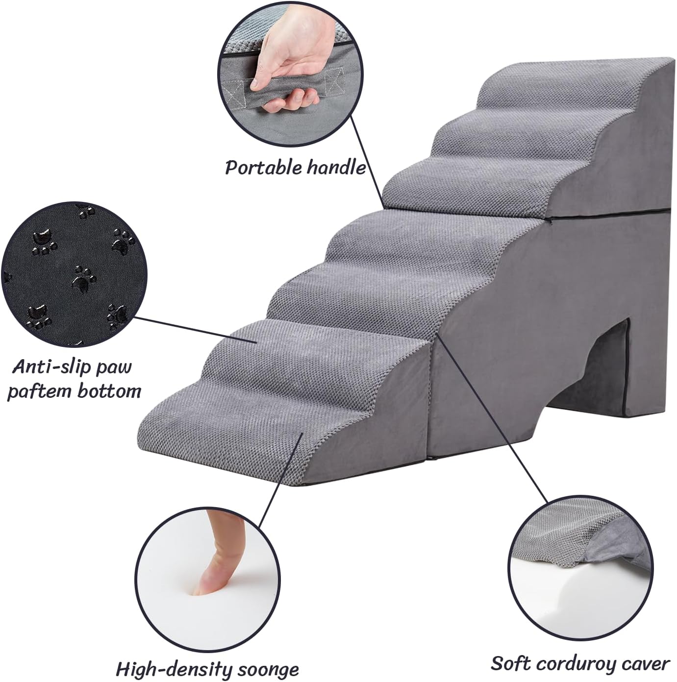 Dog Stairs for High Beds 30-36 inches Tall, 6-Step Dog Steps for Bed 32-36 inches for Small Large Dogs, Doggie Ramp for Bed, 30D Foam Pet Stairs for Old Dogs/Cats, Free-Installation, Grey