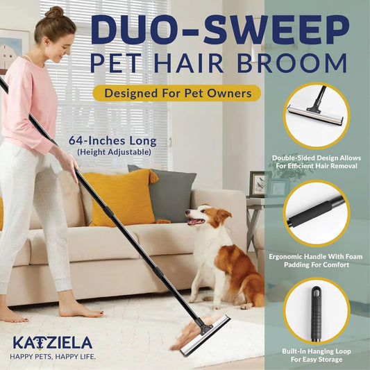 Katziela DuoSweep Broom – Dual-Sided Pet Hair Remover with Metal & Rubber Blade – Multi-Surface Cleaner for Carpet, Hardwood & Tile – Includes Water Control Squeegee Attachment