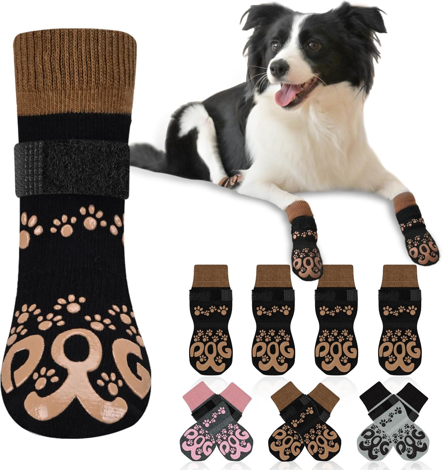 Anti Slip Dog Socks to Prevent Licking Paws - Double Side Paw Covers Dogs Grip Sock for Hardwood Floors, No Twist Dog Booties Grippy Socks for Small Medium Large Senior Dogs, Light Grey and Black, L