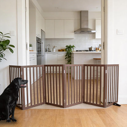ZJSF Freestanding Indoor Dog Gate for House Foldable Wood Puppy Gate for Doorways Pet Gate for Stairs Extra Wide Pet Fence, Brown, 24" Height 3 Panels