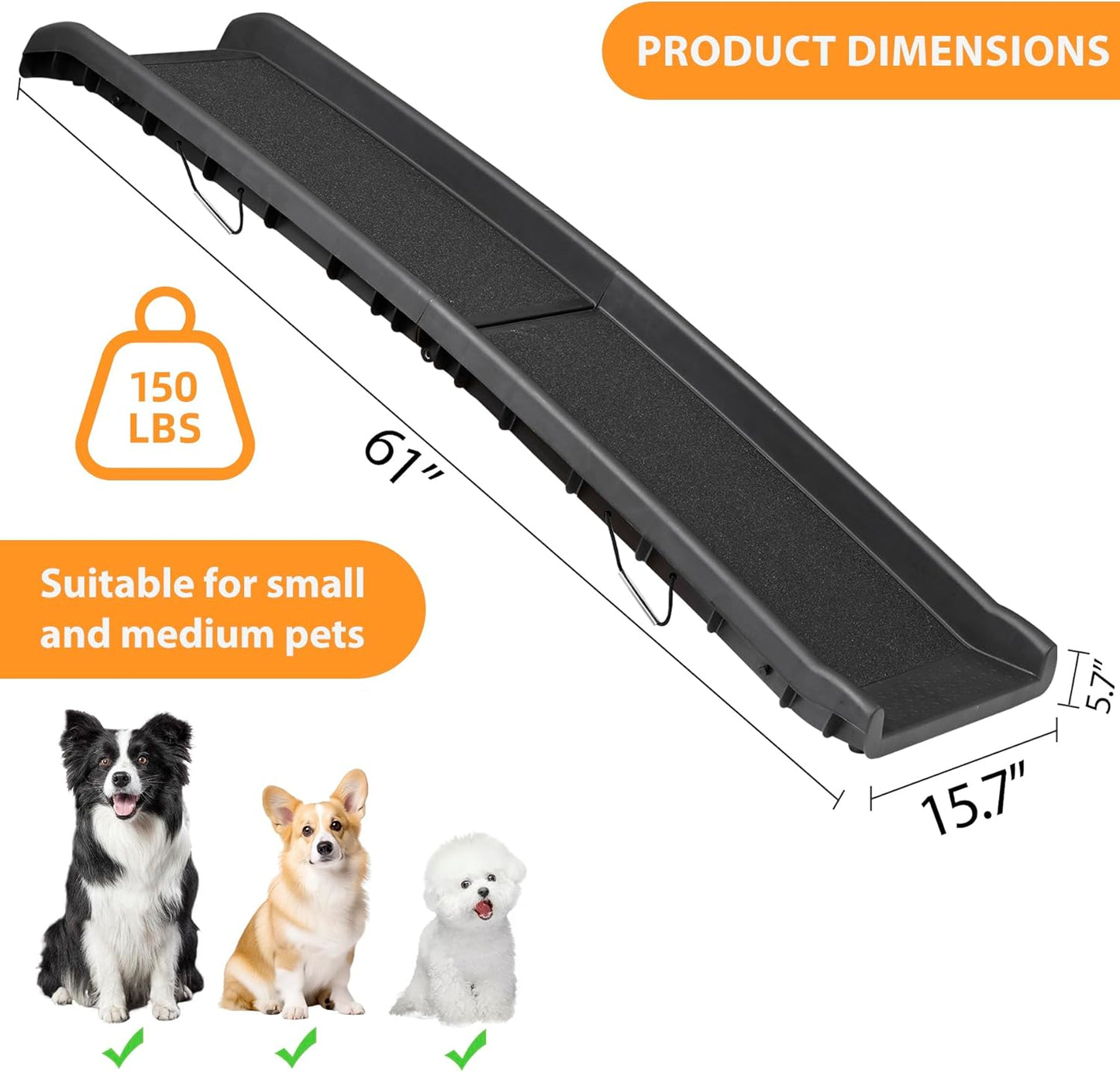 LEMY 61 Inch Folding Dog Ramp for Cars, Non-Slip Dog Pet Stairs, Step Ladder with Raised Siderails, Portable Pet Ramp for Large Dogs, Trucks, RVs